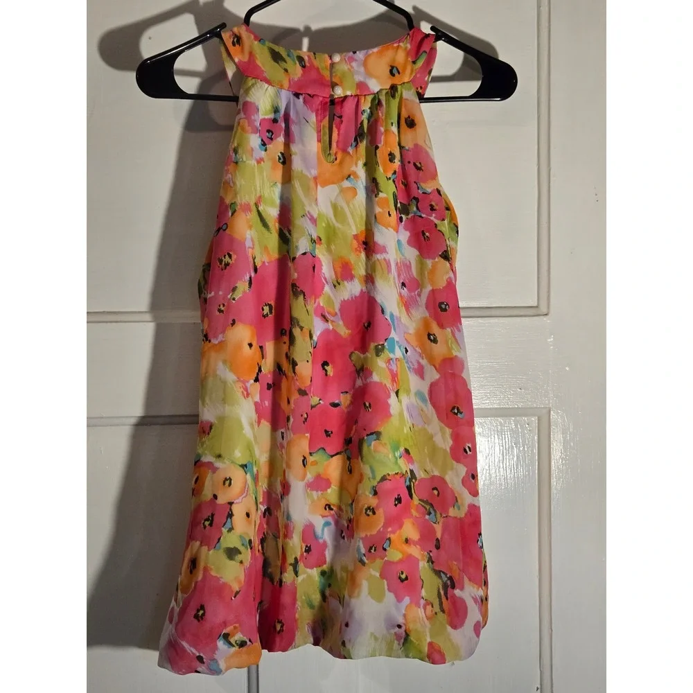 Cato Girl Floral Ruffle Halter Blouse Pink Orange Green Watercolor Top Size 8/10 - Picture 4 of 4